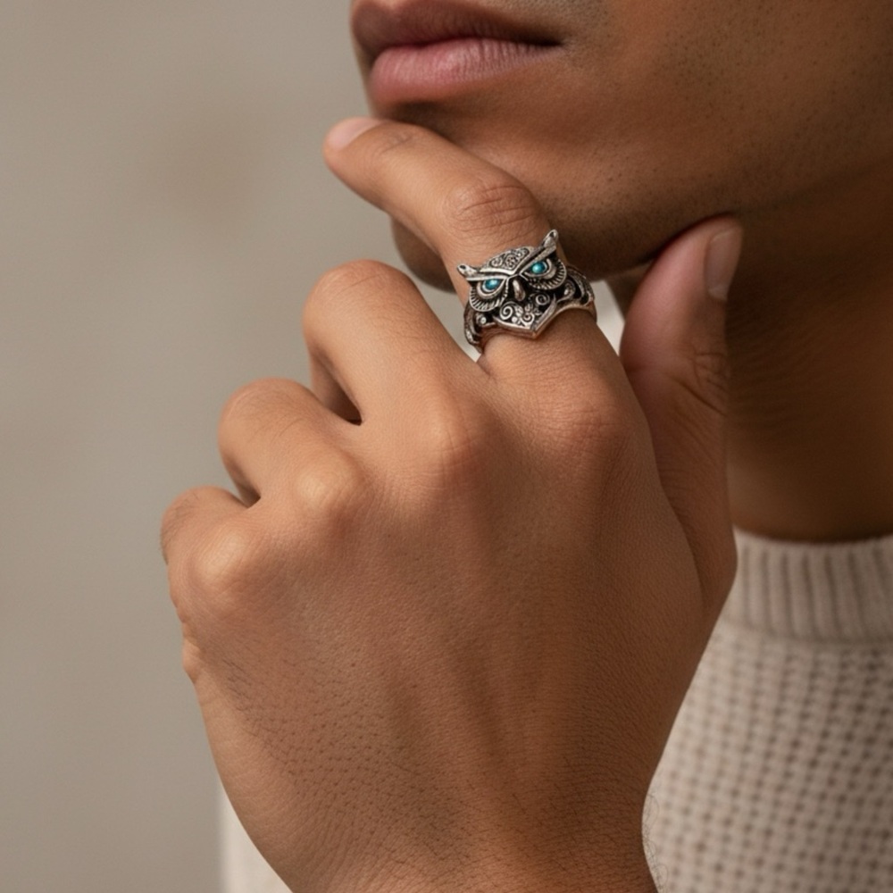 Mystic Gaze Silver Overlay Owl Ring Blue Gem Eyes